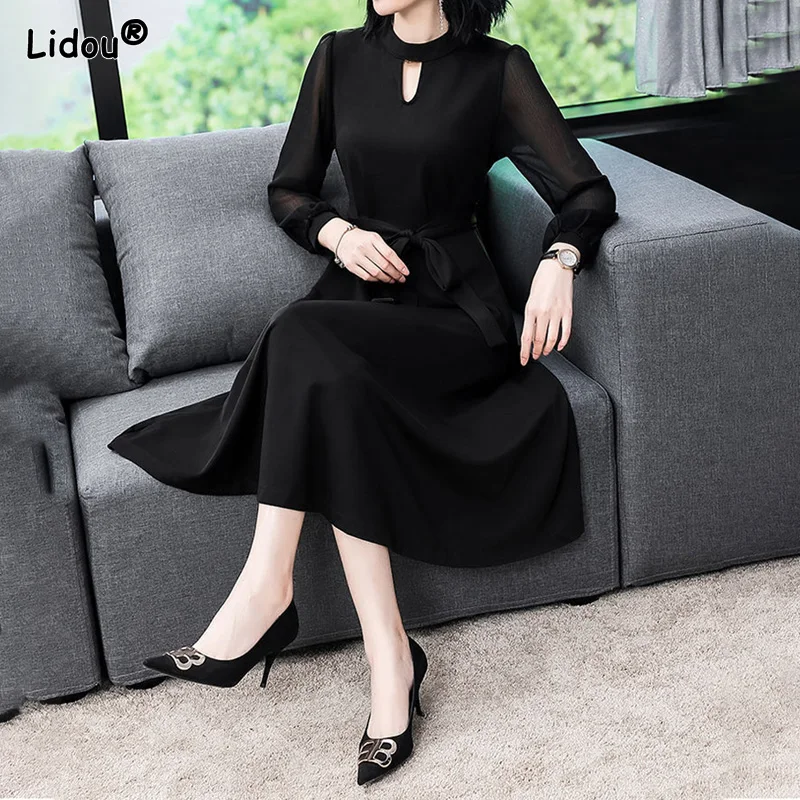 

Solid Color Elegant Fashion New Long Sleeved Gauze Empire Dress Black Pullover Slim Autumn O-neck Popularity Women's Clothing