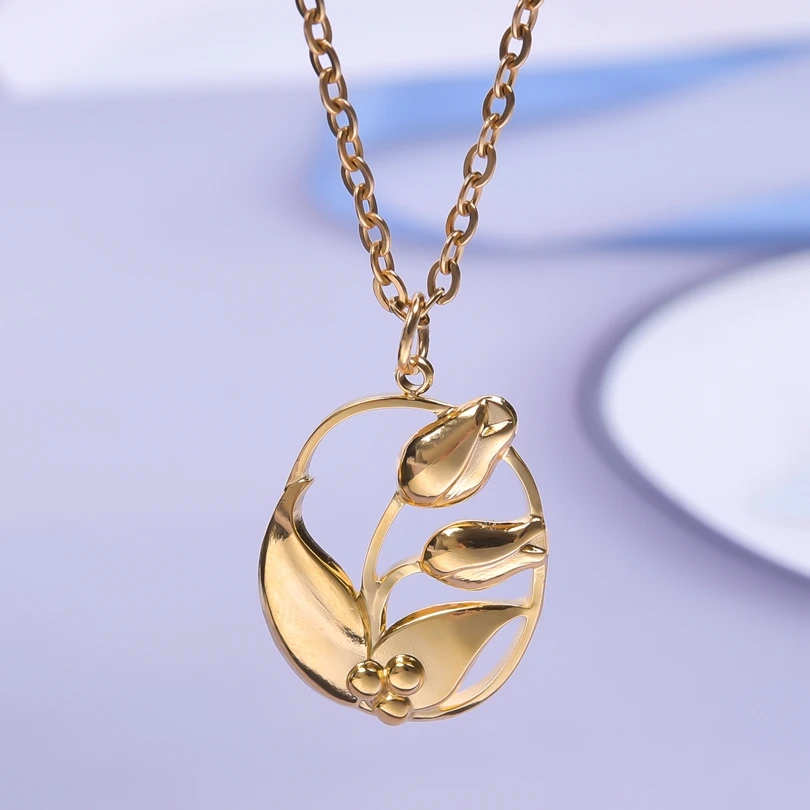 

1Pcs Gold Color Tulip Stainless Steel Pendant Necklace For Women Men Accessories Short Chain Collar Choker Vintage Necklace 20"