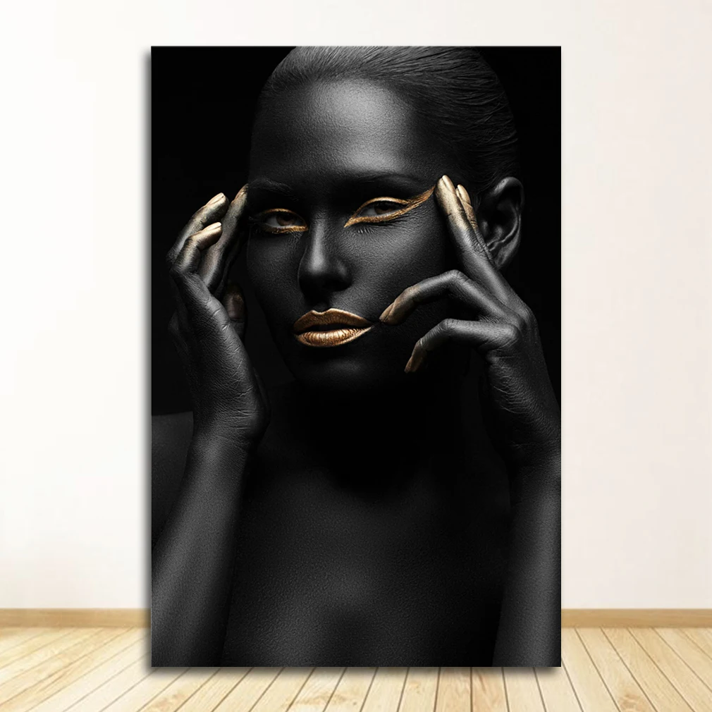 Скандинавская настенная картина с принтами для гостиной, черное золото, африканское искусство, женщина, картина в скандинавском стиле на холсте, постеры