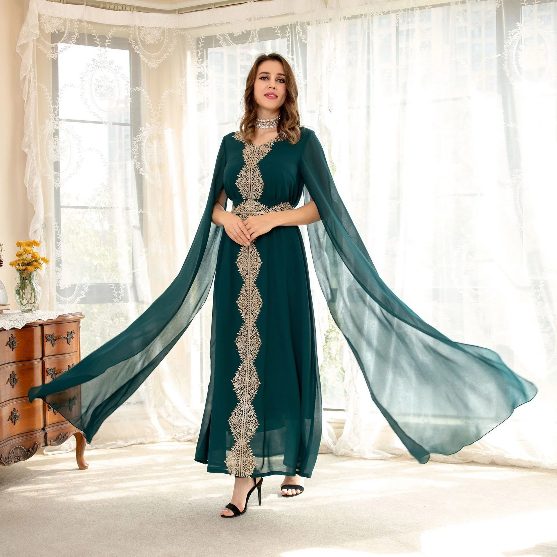 TikTok fashion new fashion cape sleeve lace color contrast chiffon Dubai Arab bat sleeve women's elegant dress