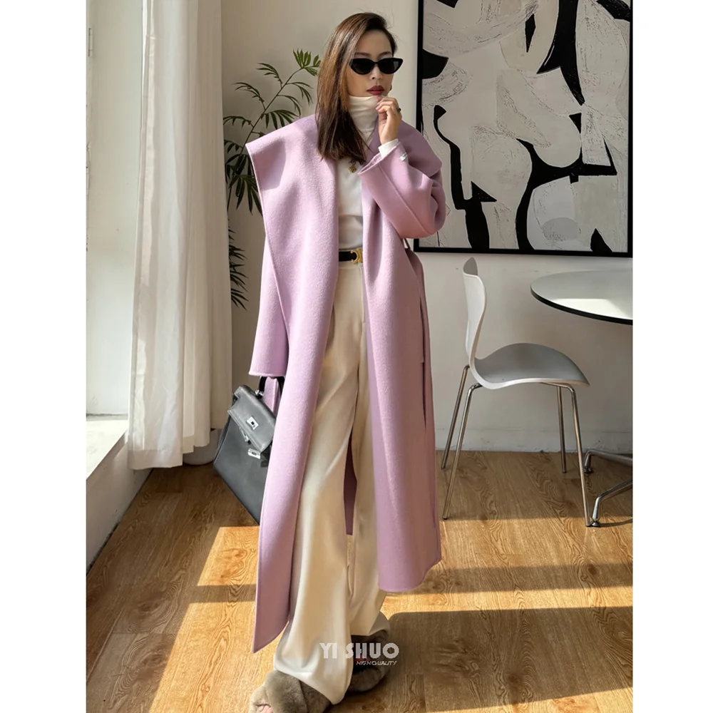 Женское длинное шерстяное пальто с капюшоном