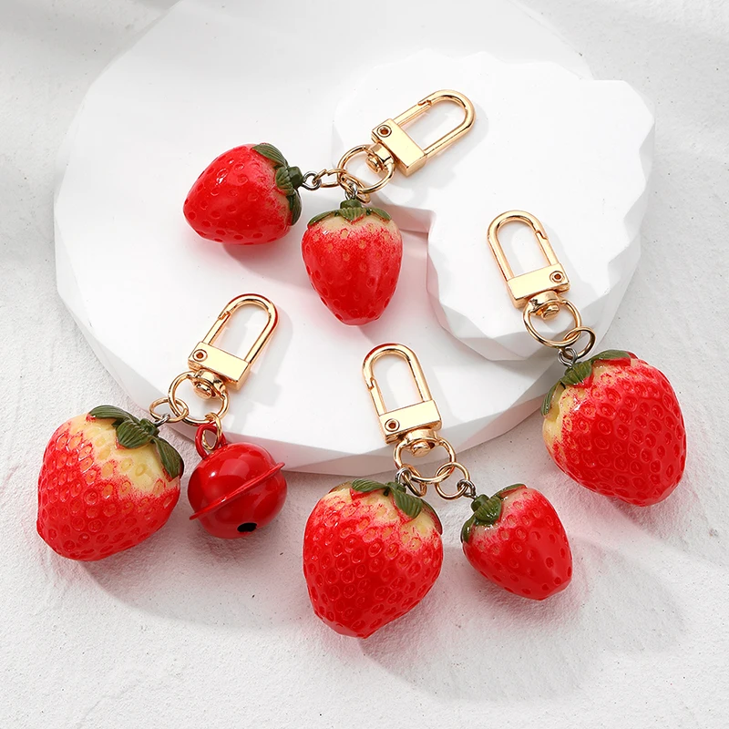

Cute Red Strawberry Bell Keychains Keyring For Women Best Friend Simulated Fruit Food Bag Car Key Holder Airpods Box Accessory