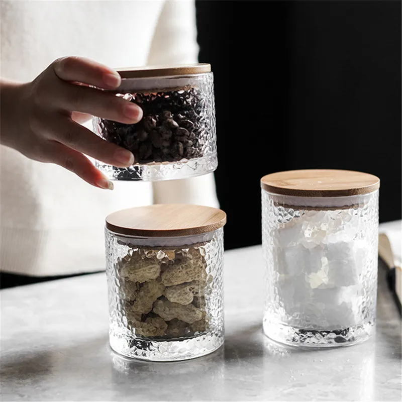 

Japanese Hammer Pattern Glass Sealed Spice Jars with Bamboo Lid Transparent Snack Coffee Bean Storage Tank Kitchen Sugar Bottle