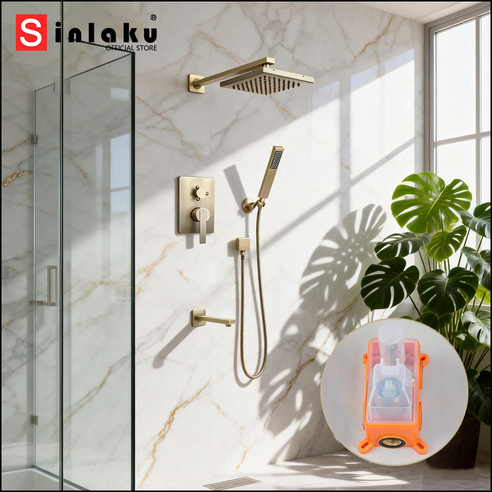 Фото SINLAKU Антикварный латунный настенный душевой комплект, скрытая душевая система со встроенным боксом, смеситель для душа с эффектом тропического дождя №1