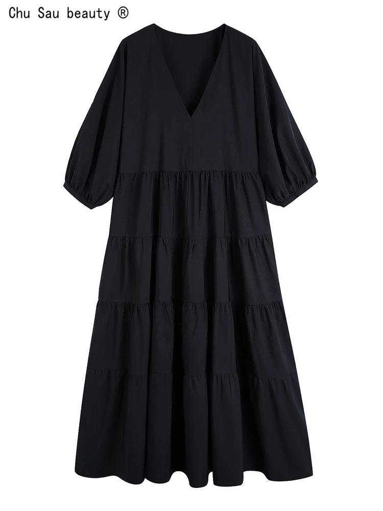 

2022 Summer New Fashion Casual V-Neck Dress For Women Puff Sleeve Folds Solid Color Mid-Length Loose Dresses Vestido