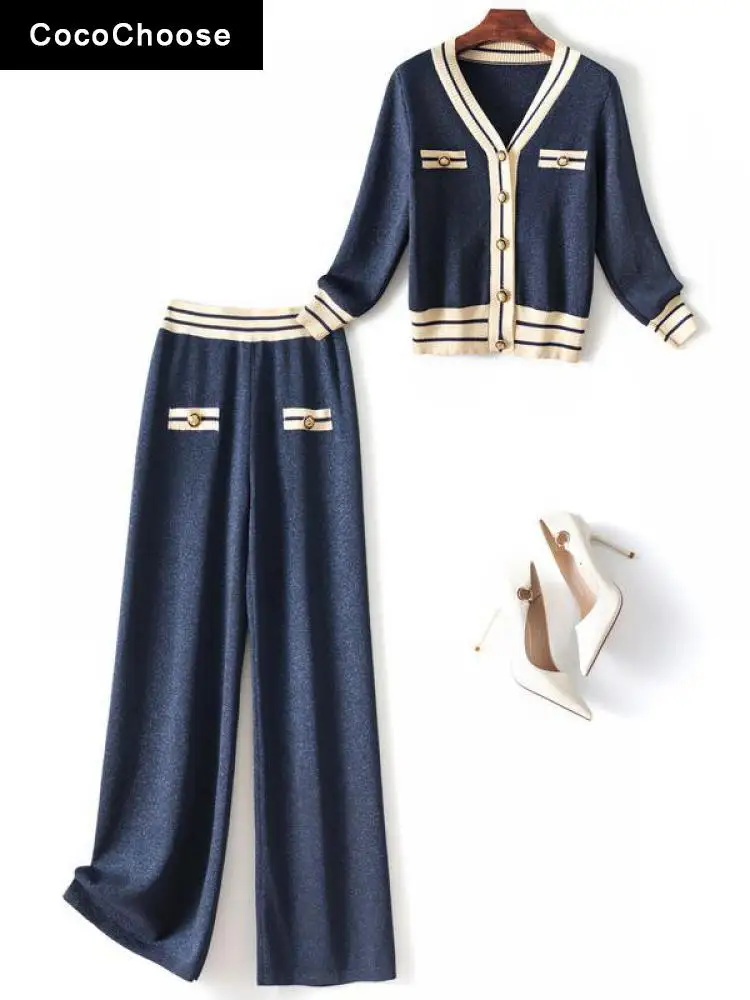 Designer Lurex Knitted Two Piece Sets Trouser Suits Autumn Winter 2022 Luxury Striped V-neck Cardigan Pants Womens Outfits Blue