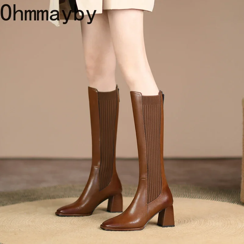 

2024 Spring Women Knight Boots Fashion Back Zippers Ladies Elegant High Heel Long Booties Street Style Women's Knee High Booties