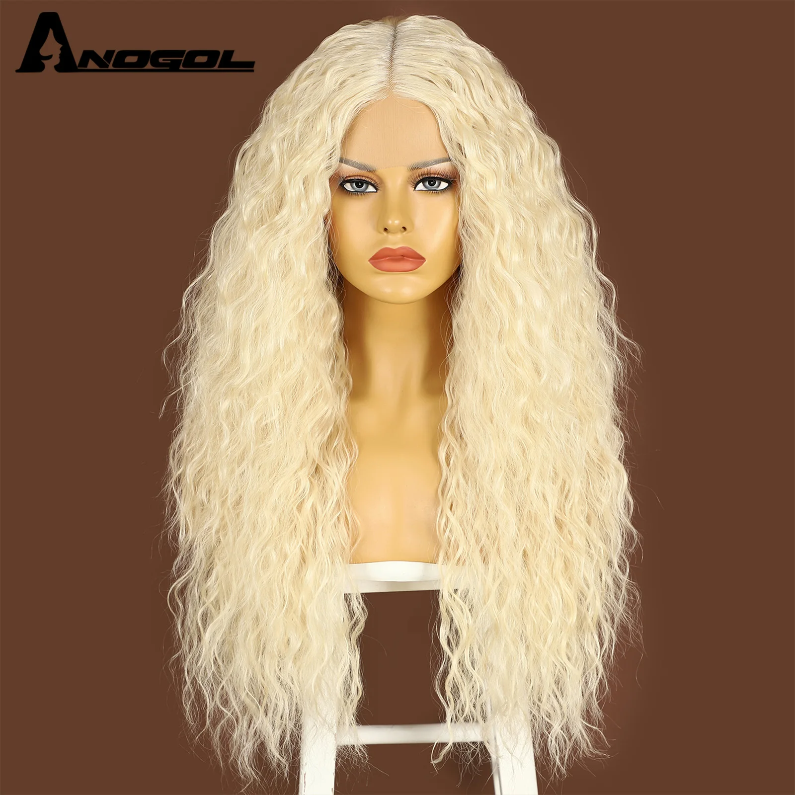 ANOGOL Synthetic Wigs 28IN TPart Lace Natural Black Water Wave Middle Part Hair PrePlucked Blonde Kink Curly Color Wig For Women