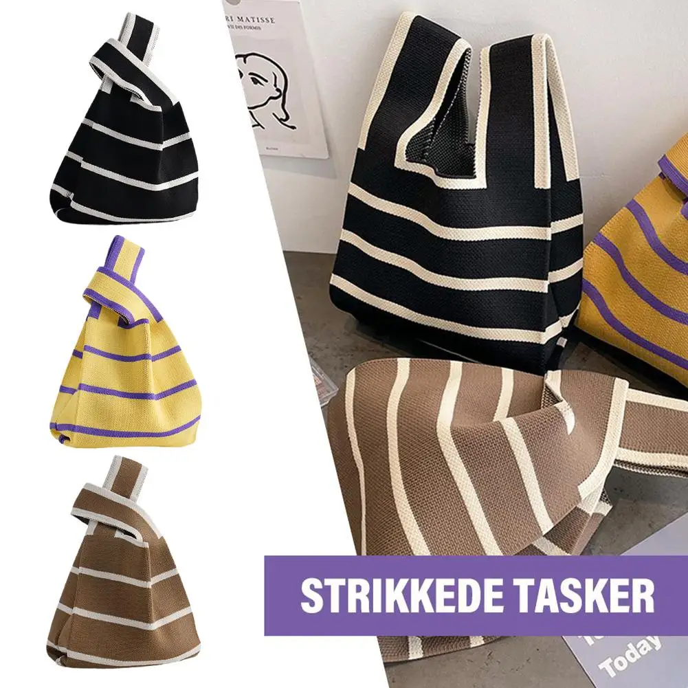 

Fashion Handmade Knit Handbags Women Mini Knot Wrist Bag Korean Casual Color Tote Bag Student Reusable Shopping Bags