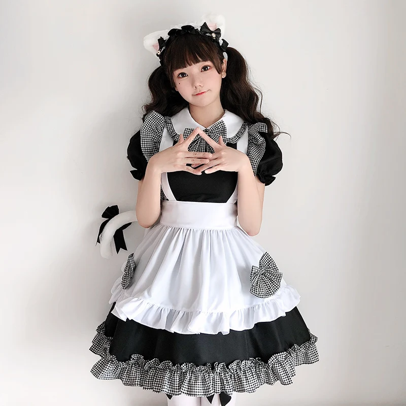 

Women Girls JP Anime Kawaii Maid Lolita Check Dresses Apron Halloween Cosplay Costume Party Role Play Dress Up Waitress Outfit