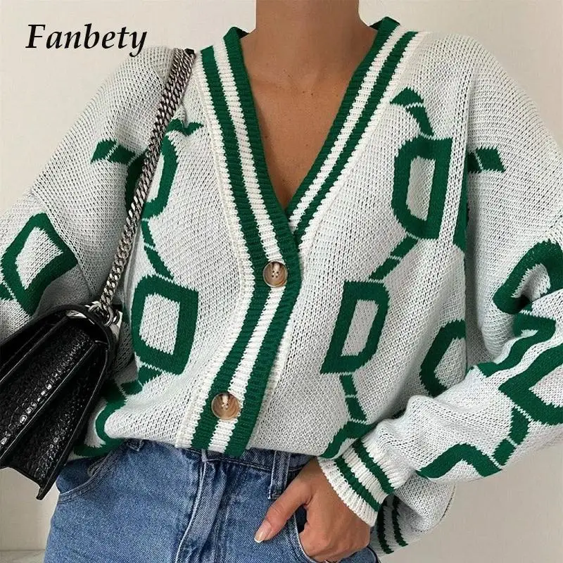 

Autumn Winter Knitted Pattern Sweaters Women Elegant V Neck Long Sleeves Cardigan Coat Fashion Ladies Button Loose Tops Outwear