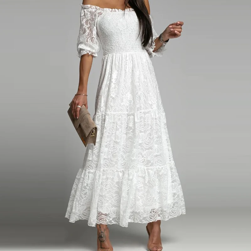 

Women Sexy Slash Neck Backless Long Dress 2023 Casual Short Sleeve Solid Party Dress Elegant Embroidery Lace Waist Evening Dress