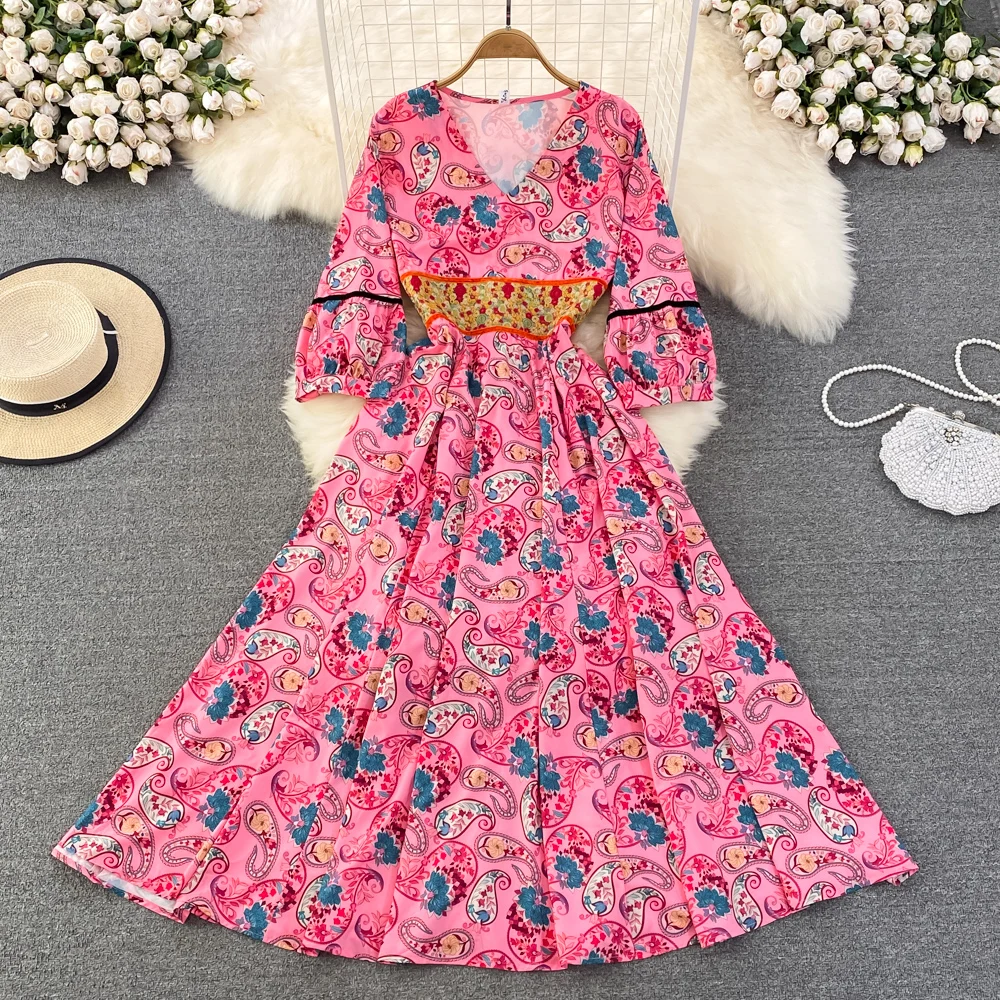 

V-neck Waist Slim A-line Printed Dress Loose Long Skirt