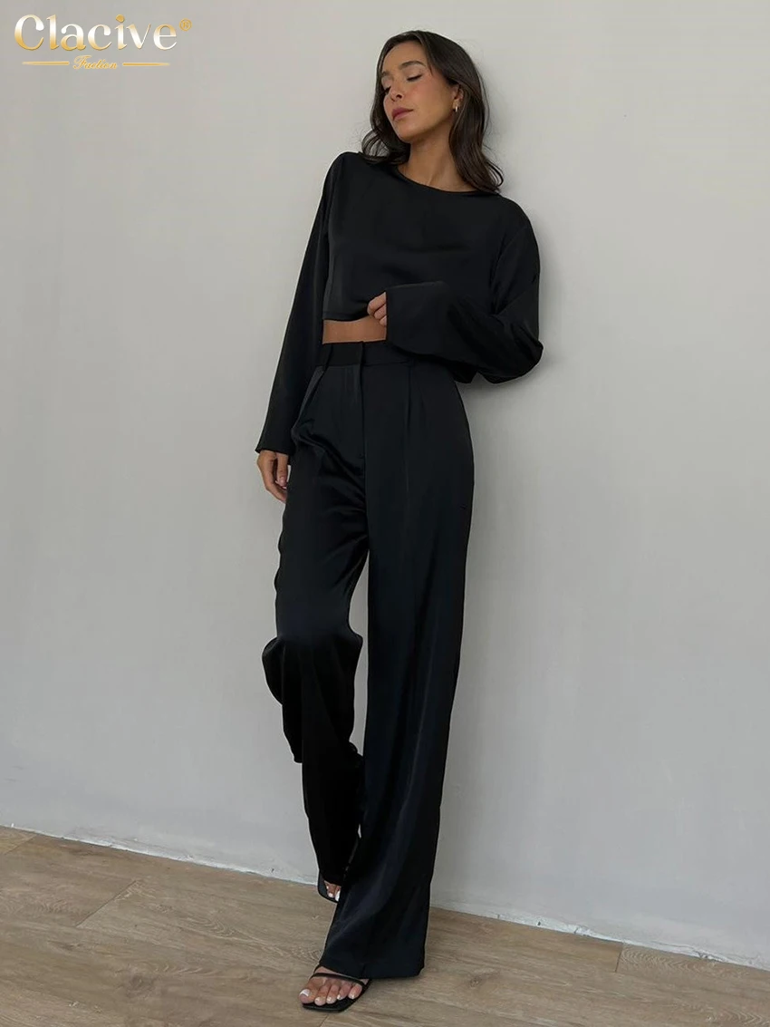 

Clacive Fashion Black Satin 2 Piece Sets Women Outfit 2023 Elegant Long Sleeve Shirt Matching High Waist Wide Pants Set Female