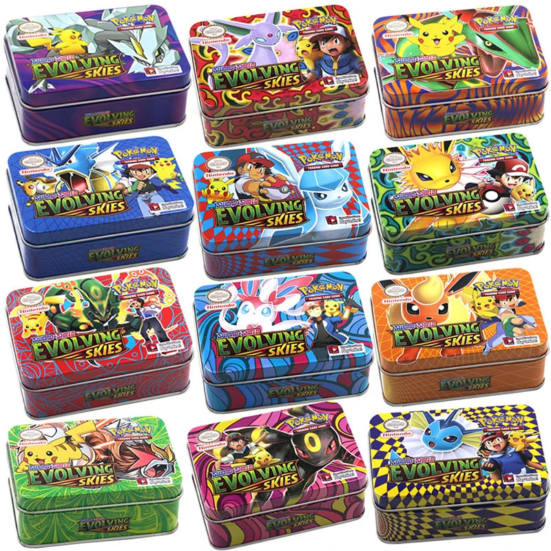 

English Version Random 42 Pcs Pokemon Cards Whit Iron box storage EX GX V Pikachu Game Collection Cards Toy for Boy Gift