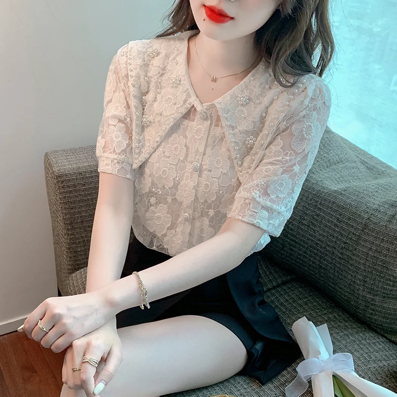 

Summer New Peter Pan Collar Blouse Short Sleeve Elegant Fashion Bead Lace Tops Shirts and Camisole Blusa Feminina Camisas 670F