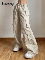 weekeep pocket patchwork straight pants light khaki low rise baggy casual cargo pants for women harajuku 2000s jogging overalls