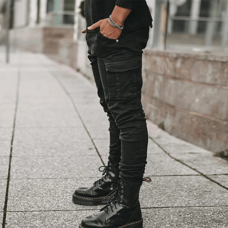 2022 New Men's Jeans Summer Pocket Tight Black White Solid Color Cargo Pants Street Sports Party High Quality Men's Trousers