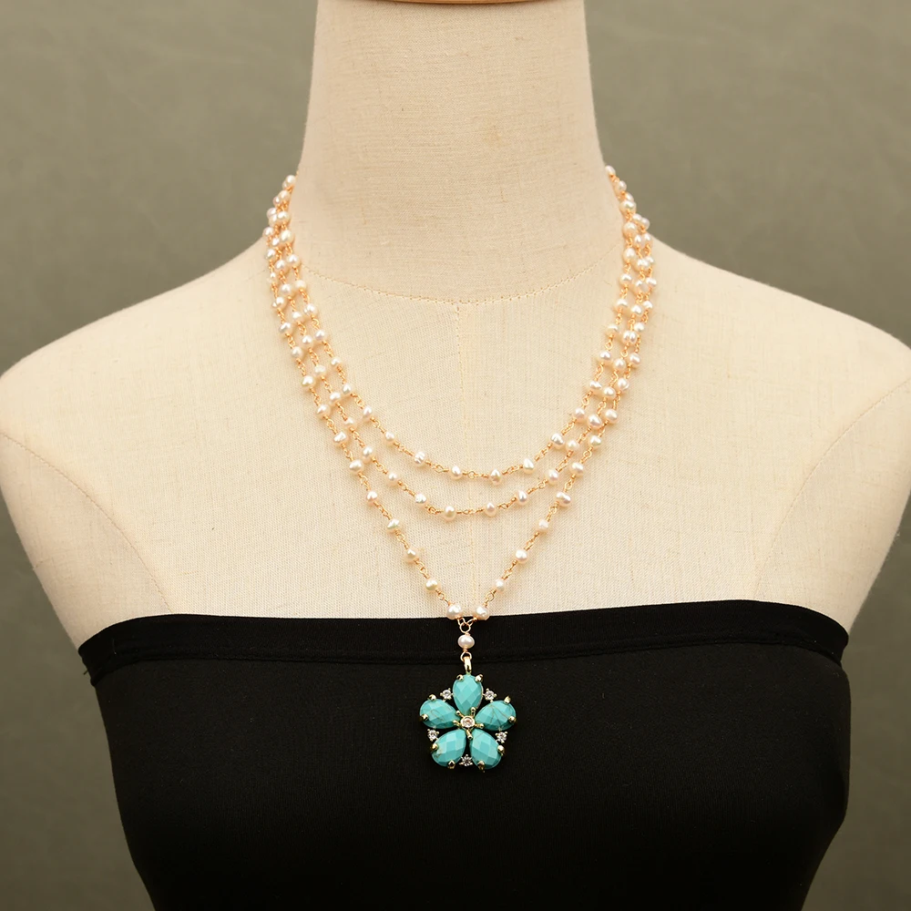 

GG Jewelry 3 Strands Natural White Pearl Rosary Chain Necklace Blue Turquoise Flower Gold Plated CZ Charms Lady's daily wear