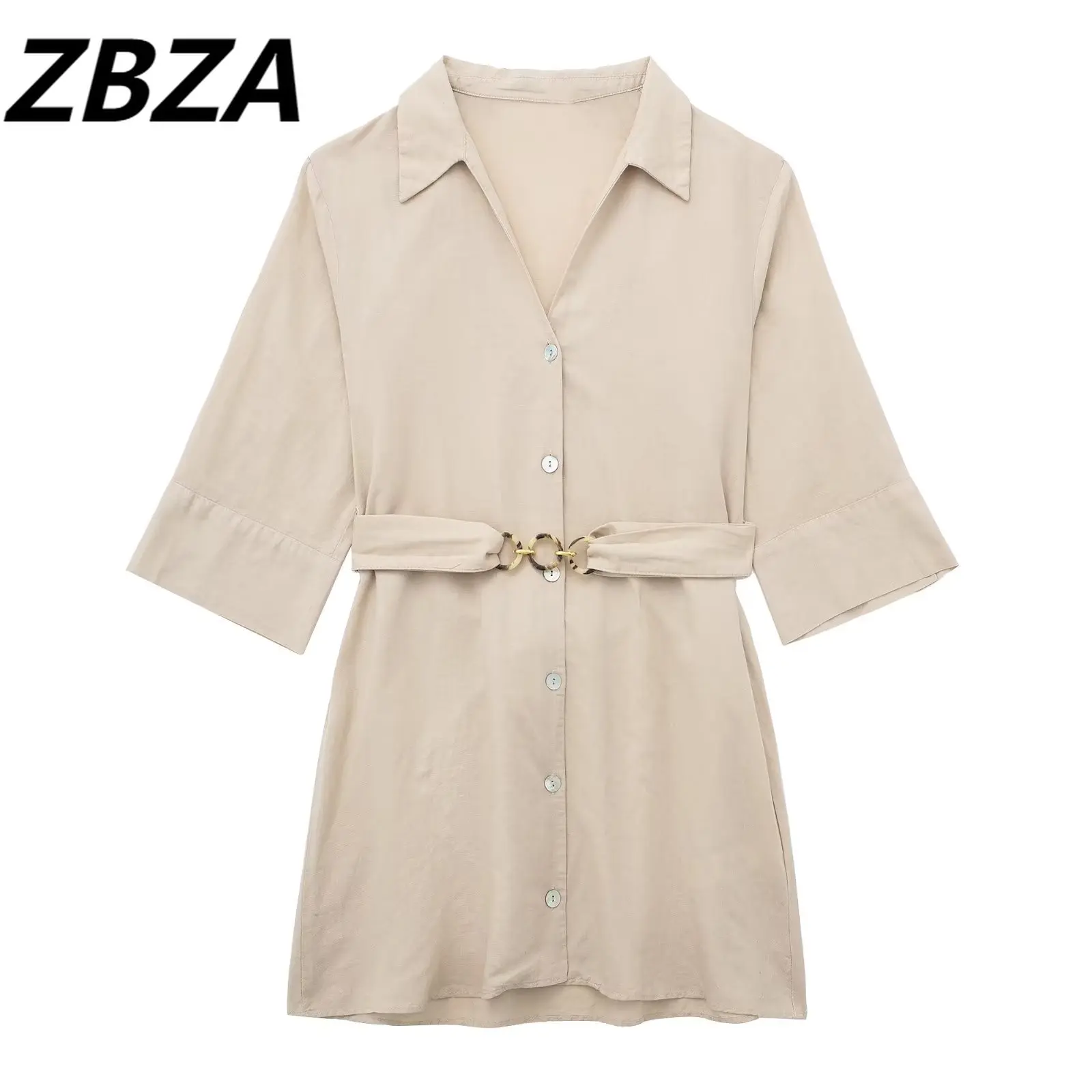 

ZBZA женское 2023 Новое шикарное модное мини-платье из смеси льна с поясом винтажные женские платья с V-образным вырезом и средним рукавом Vestidos Mujer