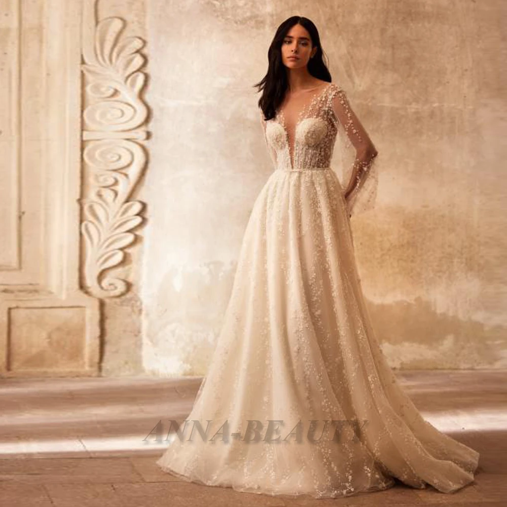 

Anna Lace Appliques Wedding Gowns For Women Luxury O Neck Long Sleeves Charming A Line Tulle Pleats Court Train Backless