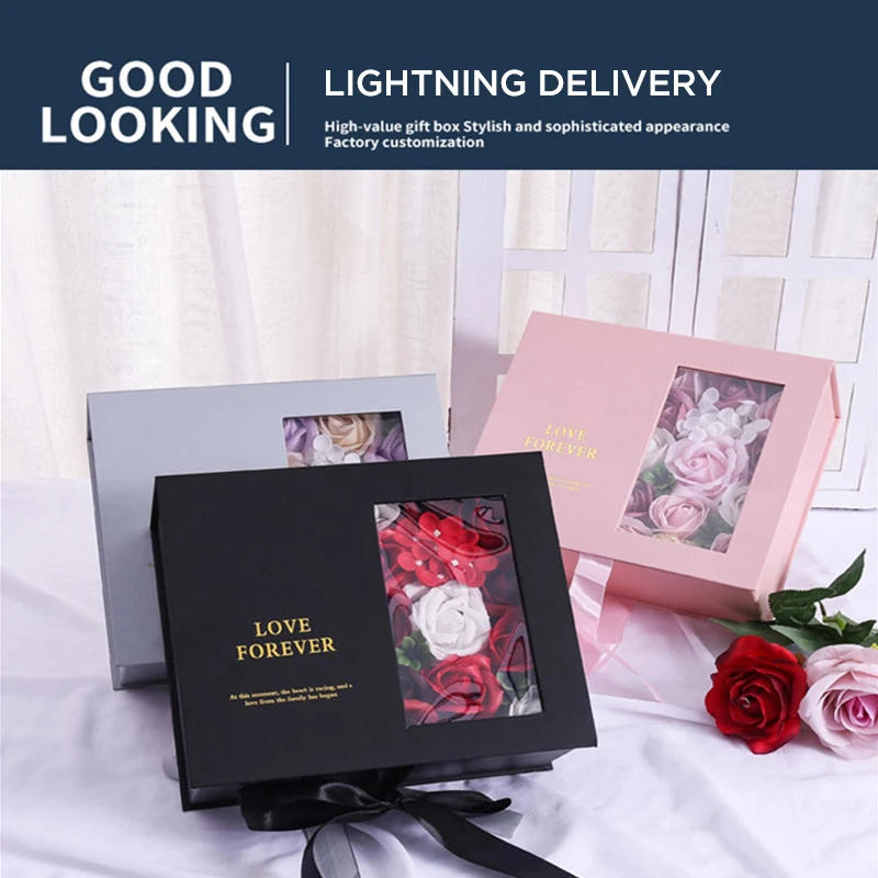 

Valentine's Day Gift Packing Box Rose Flower Gift Box with Transparent Showcase Window Candy Paper Boxes Wedding Mystery Box