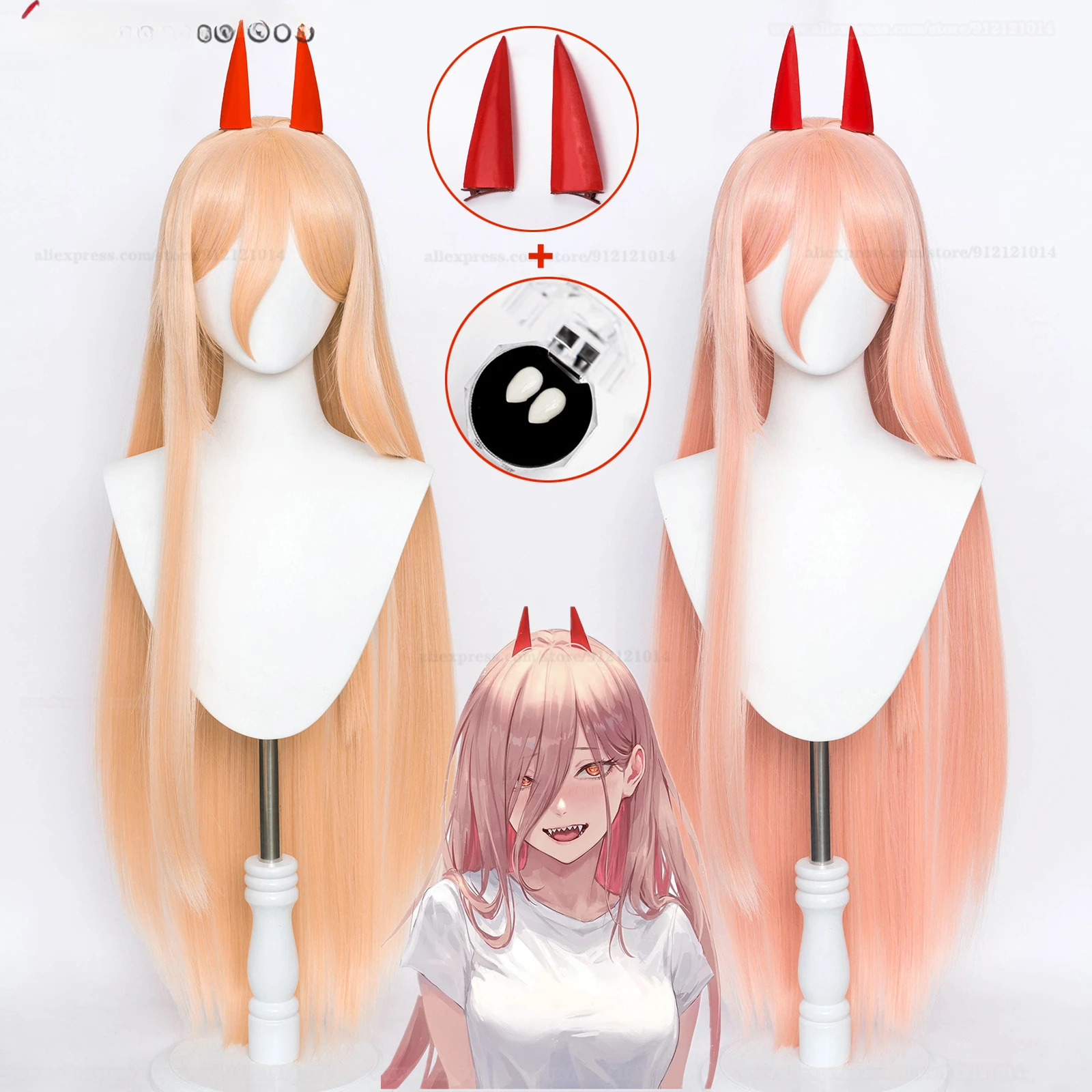 

Anime Chainsaw Man Cosplay Power Wig Cosplay Long Type 2 Color Hair Heat Resistant Makima Power Wigs Props Horns Teeth + Wig Cap