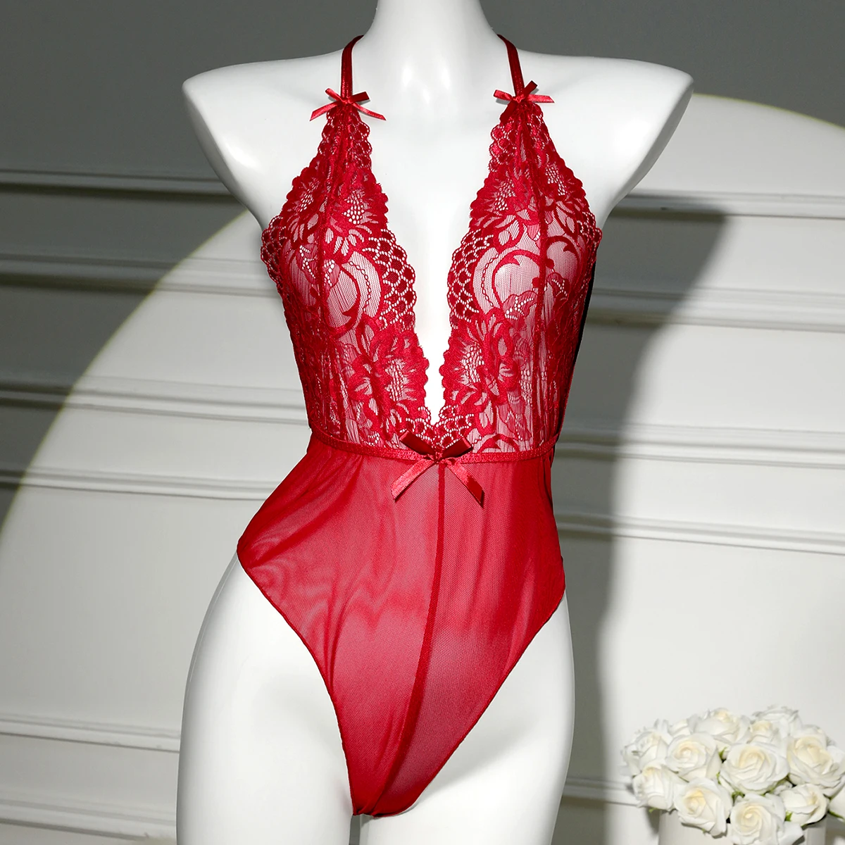Тонкий стиль прозрачный бант женский цельный купальник без рукавов с открытой