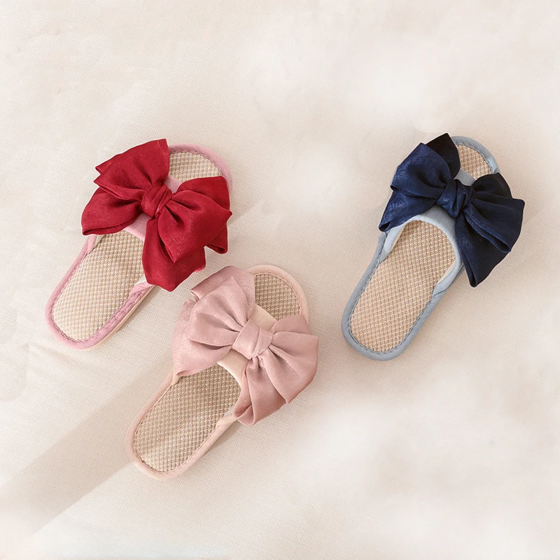 Shevalues Bow Slippers Women Fashion Autumn Home Soft Bottom Linen Slippers Indoor Outdoor Non-slip Flats New Comfortable Slides