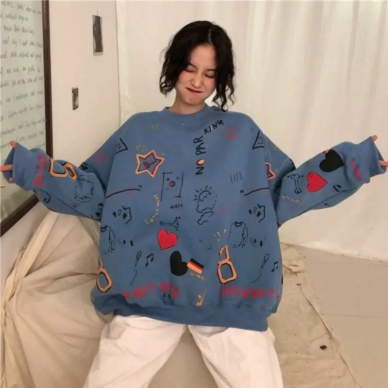 Autumn Winter 2021 New Women's Sweetshirts Korean Cartoon Print Casual Loose Long Sleeves Harajuku Hoodie Kawaii Couples Clothes