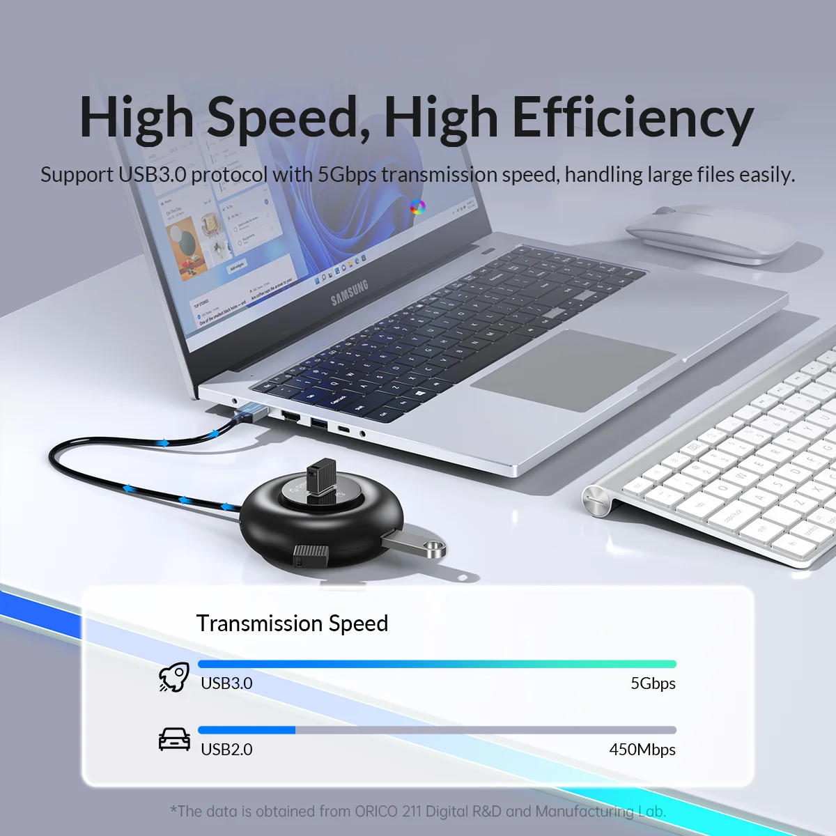 Фото Портативный круглый USB-хаб ORICO с RGB-подсветкой, USB 3.0, 5 Гбит/с, многопортовый адаптер с аудиоразъемом, SD/TF-ридером для ноутбуков №2