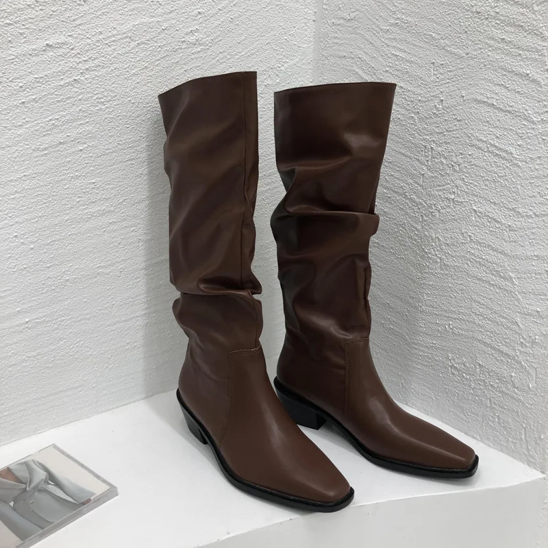 

Зимние женские длинные сапоги, модные женские рыцарские сапоги с круглым носком на квадратном каблуке, повседневные высококачественные сапоги до колена