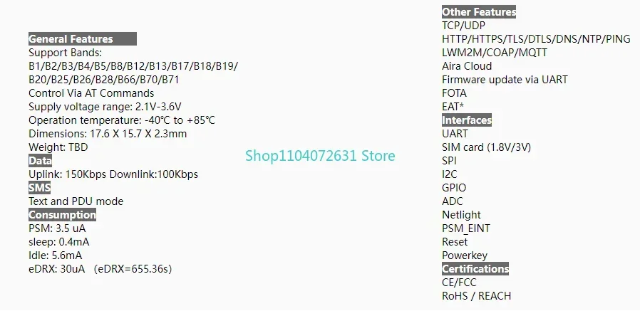 Новый оригинальный модуль NB-IoT SIMCOM SIM7020G с поддержкой глобальных диапазонов B1B2B3B4B5B8B12B13B17B18B19B20B25B26B28B66B70B71 (art.: 3920d9105bebf) - 3920d9105bebf