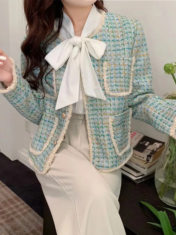 

Женская твидовая куртка в клетку, маленькая шерстяная куртка розового и синего цвета, винтажная верхняя одежда во французском стиле на осень и зиму