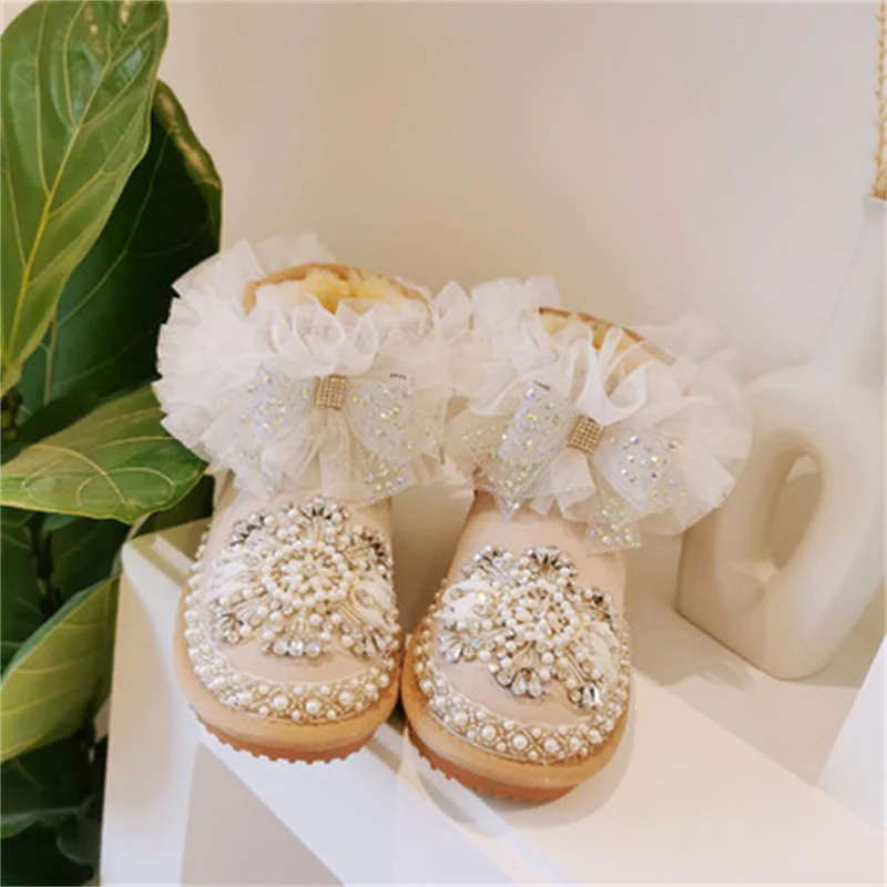 

Handmade lace bow cute fur all-in-one snow boots plus velvet thick boots sand white cotton boots warm and comfortable 35-39