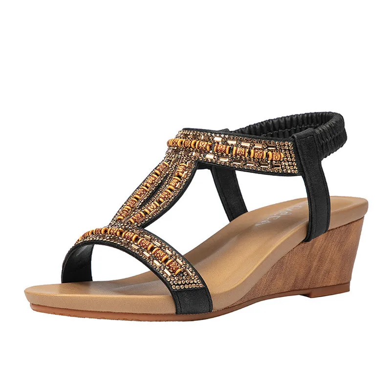 

Wedges Leather Boots Print Logo Fashion Footwear Gladiator Sandals Big Size PU Slippers Peep Toe Shoes TPR Sole High Heels BM041