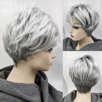 pixie cut hairstyle grey short wigs with bangs silver white dark roots ombre hair short curly synthetic wig mommy wig real look