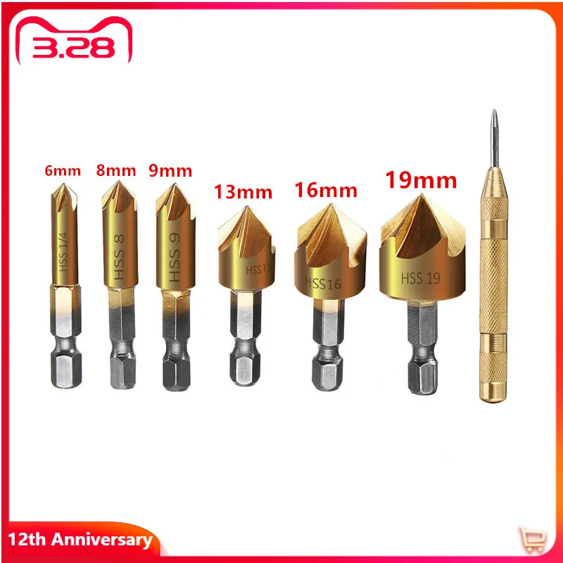 

6-19mm Countersink Drill Bit 5 Flutes 1/4" Hex Shank HSS Titanium Coated Hole Drill 90 Degree Wood Chamfering Cutter Set