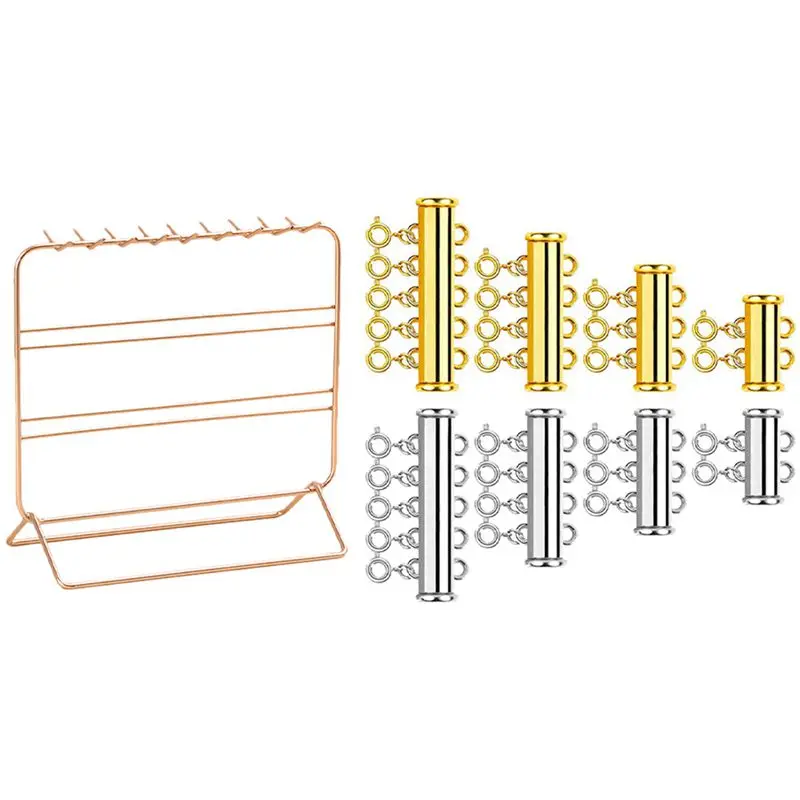 

8 Pieces 4 Sizes Slide Clasp Lock Necklace Connector With Jewelry Stand, Metal Earrings Organizer