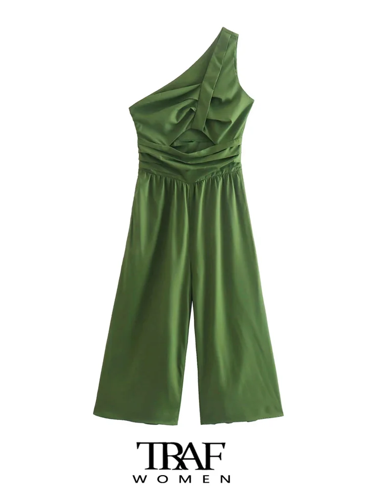 

TRAF Women Fashion Front Hollow Out Draped Jumpsuits Vintage One Shoulder Asymmetrical Female Playsuits Mujer