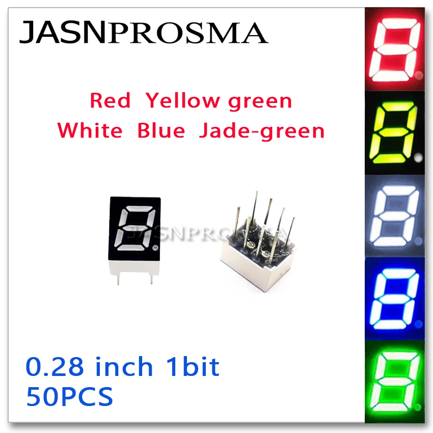 Фото JASNPROSMA 50 шт. 0,28 дюйма, 7 сегментов, 1 бит, трубка, красный, желтый, нефрит, зеленый, синий, белый, 0,28 дюйма, общий катод, светодиодный дисплей №1