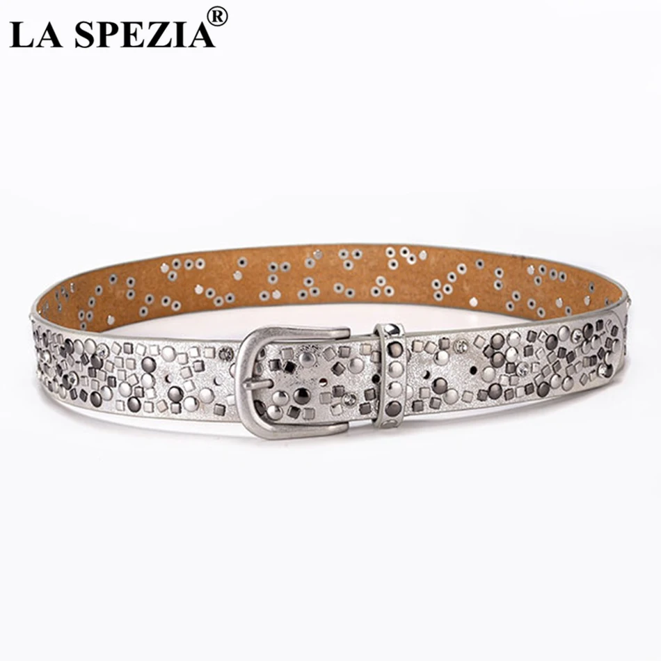 LA SPEZIA Women Belt Rivet Genuine Leather Belt For Jeans Ladies Black Cowskin Brand Female Rock Pin Buckle Belts 110cm