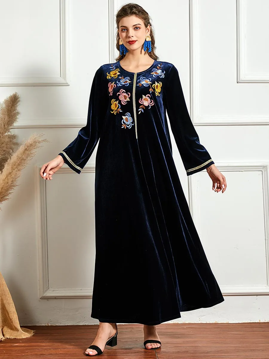 Винтажное зимнее бархатное длинное платье, женские свободные Макси-платья с вышивкой и карманами, базовое зимнее мусульманское платье Isalmic от AliExpress RU&CIS NEW