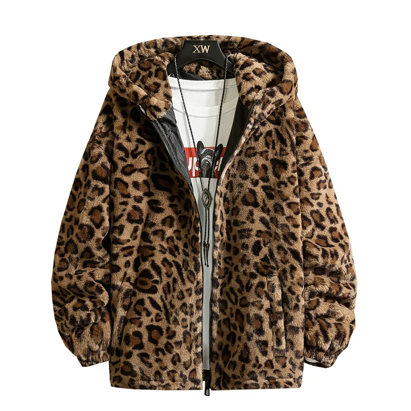 Mens Fashion Warm Winter Jacket Men Coat Woman Hooded faux Fur Leopard Casual Slim Parka Men's Winter Coat