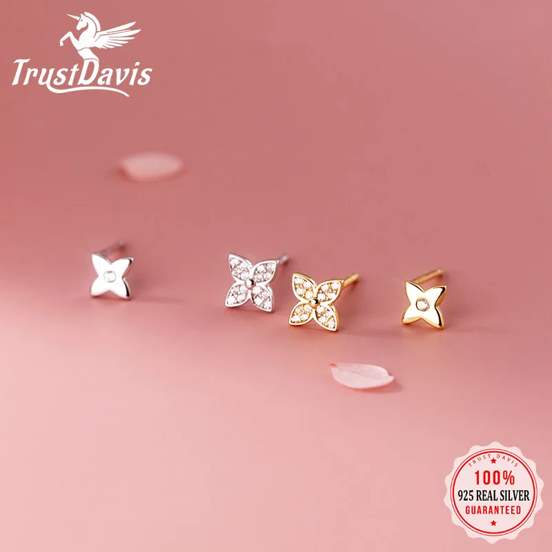 

TrustDavis Elegant Four Leaf Clover Stud Earrings Set CZ Real 925 Sterling Silver Earring for Women France Romantic Jewelry F487