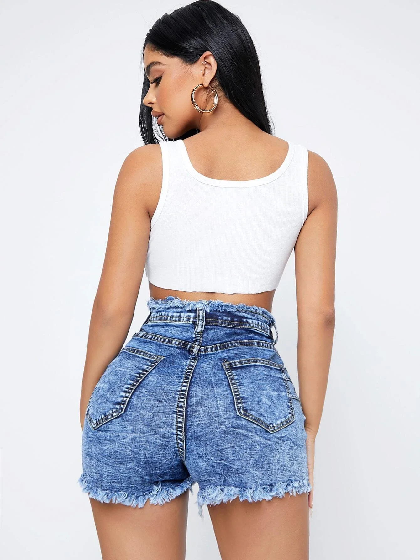

High Waist Raw Hem Denim Shorts
