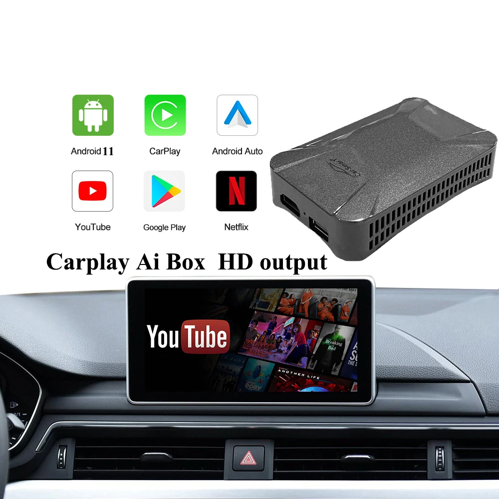 Carplay Ai Box Android11 with HDMI output Blluetooth TV/Yoututbe/Netflix streaming on car screen For Benz Audi Nissan VW Volvo