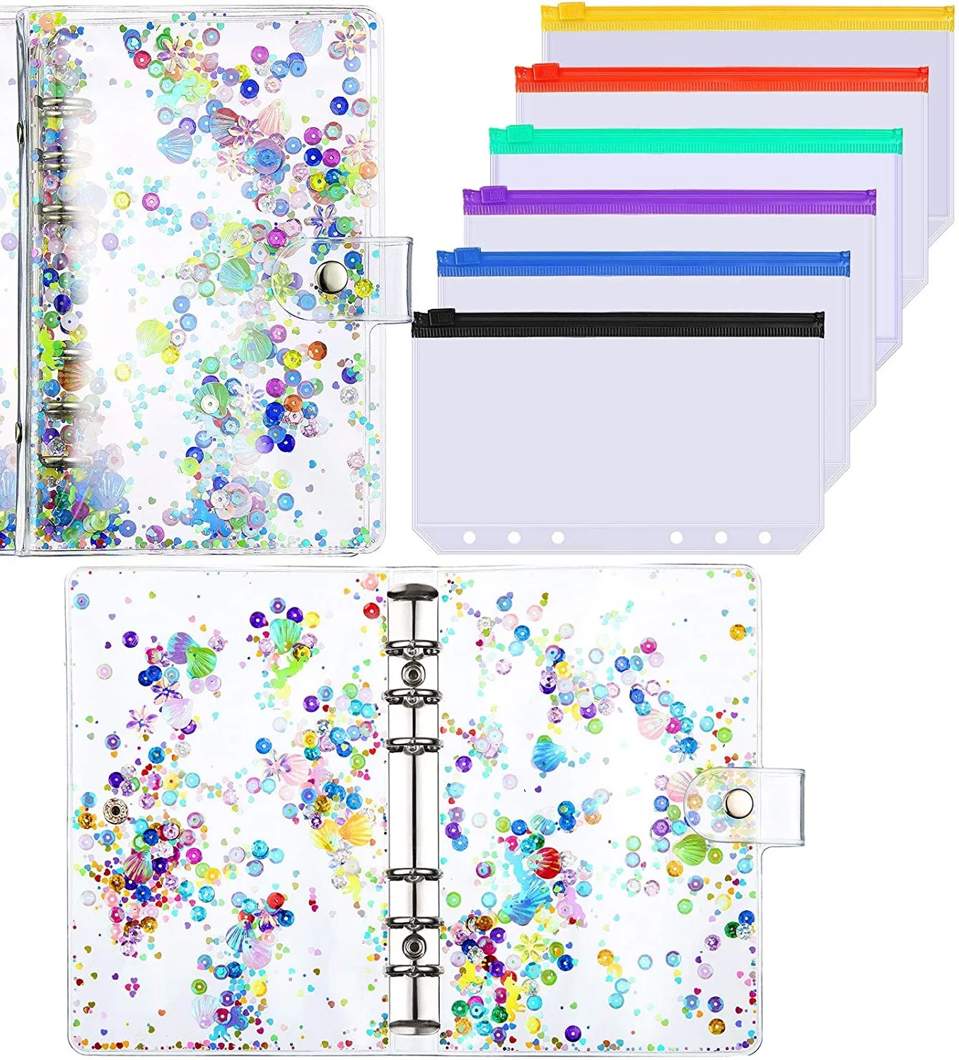 

A6 PVC Transparent Binder Cover 6-Ring Loose-Leaf Folder Cash Budget Envelope System with 6 PCS Pockets And A Label Sticker