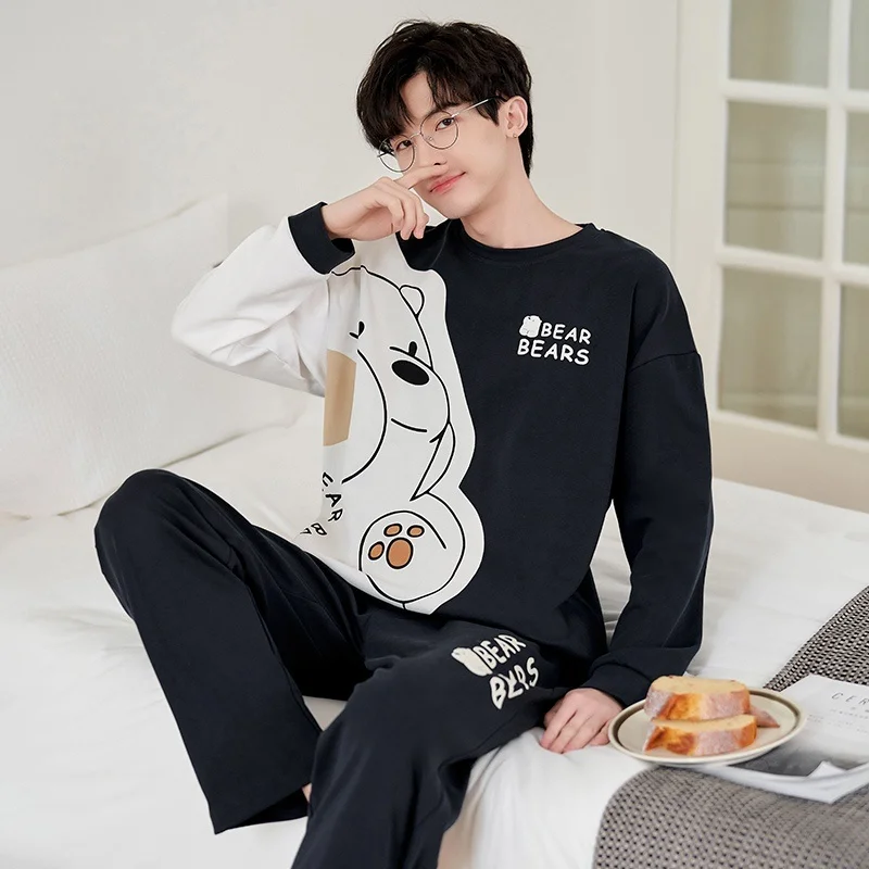 

2023 Spring Autumn Couple Long Slve Cotton Pajama Set for Men Korean Cute Cartoon Slpwear Pyjama Women Homewear Home Clothes