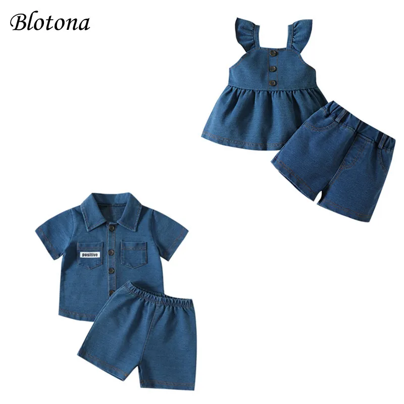 

Blotona Boys Girls Outfit Solid Color Fly Sleeve Buttons Denim Tops/Short Sleeve Lapel Shirt Tops + Elastic Waist Shorts 0-24M